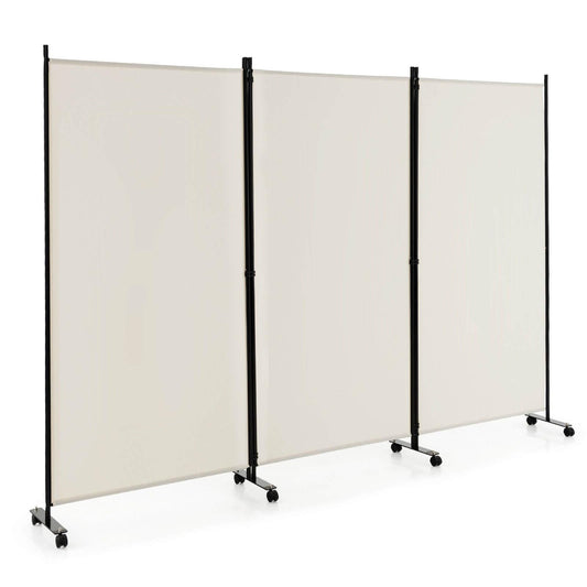 3 Panel Folding Room Divider With Lockable Wheels, White