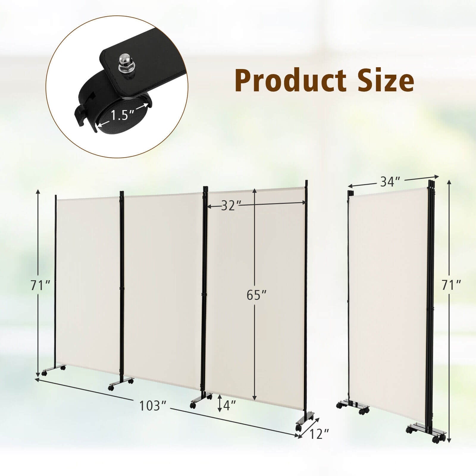 3 Panel Folding Room Divider with Lockable Wheels, White Room Dividers at Gallery Canada