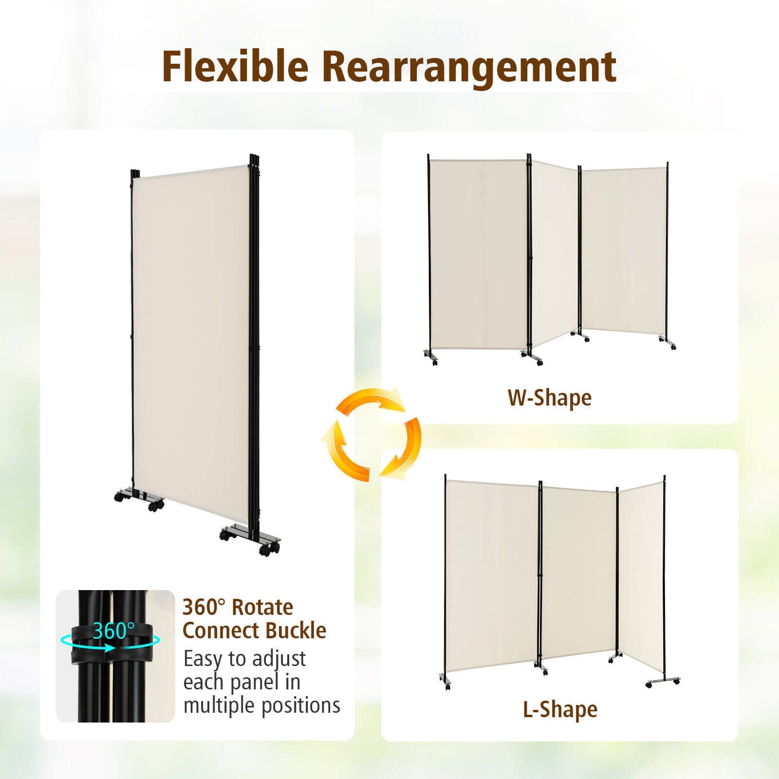 3 Panel Folding Room Divider with Lockable Wheels, White Room Dividers at Gallery Canada