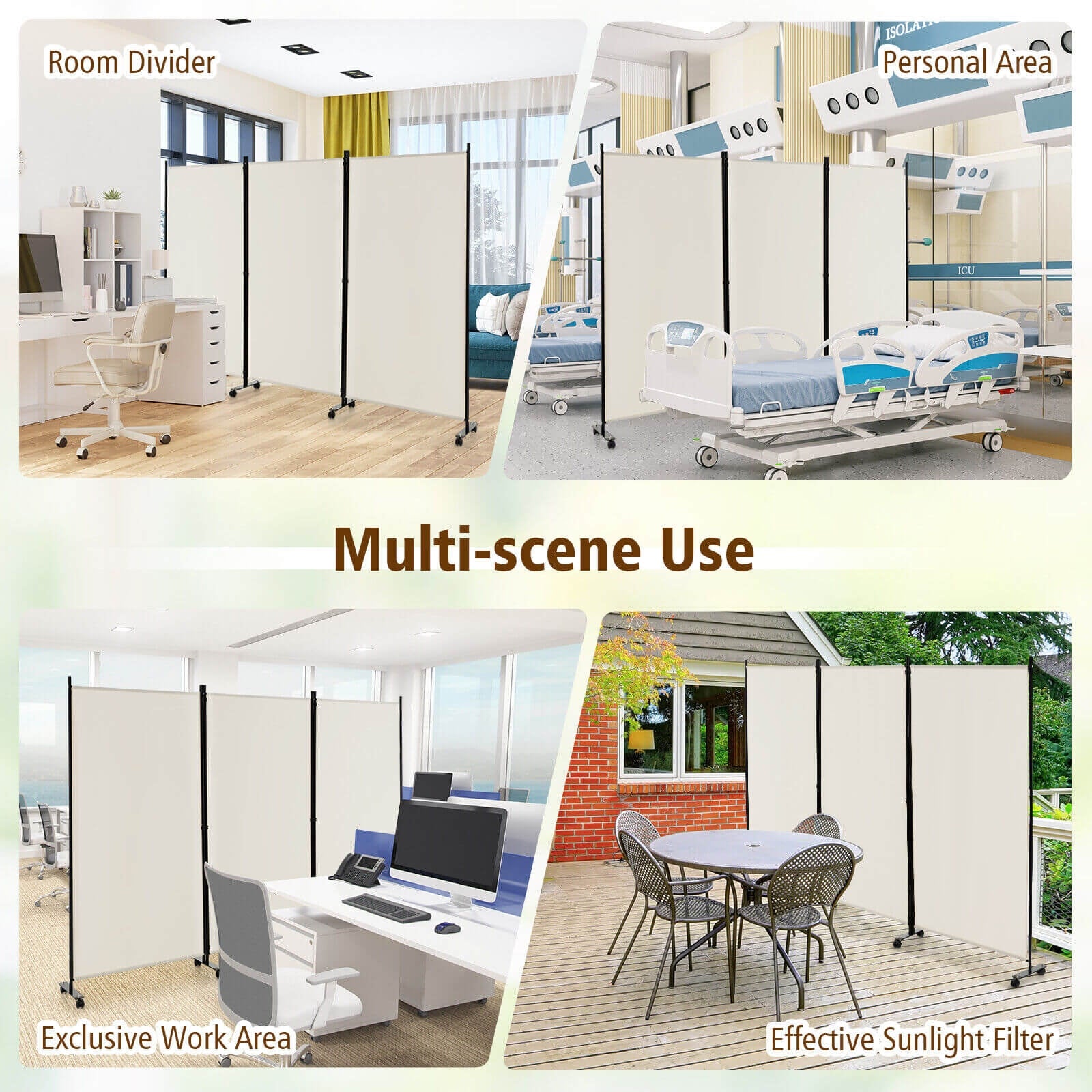 3 Panel Folding Room Divider with Lockable Wheels, White Room Dividers at Gallery Canada