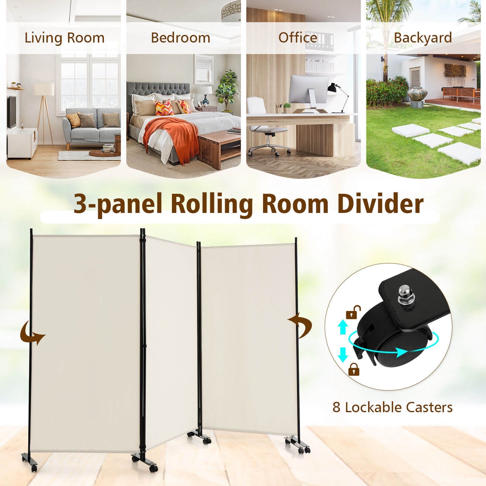 3 Panel Folding Room Divider with Lockable Wheels, White Room Dividers at Gallery Canada
