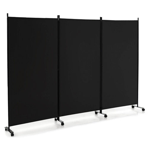 3 Panel Folding Room Divider With Lockable Wheels, Black