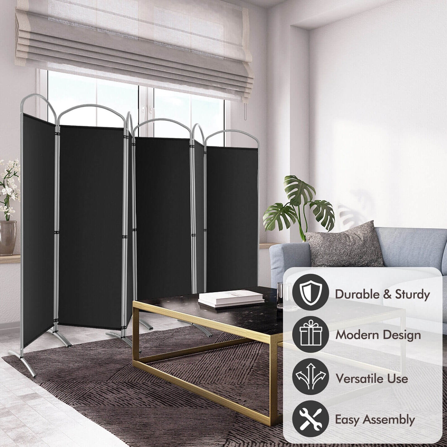 6-Panels Freestanding Folding Privacy Screen, Black Room Dividers at Gallery Canada