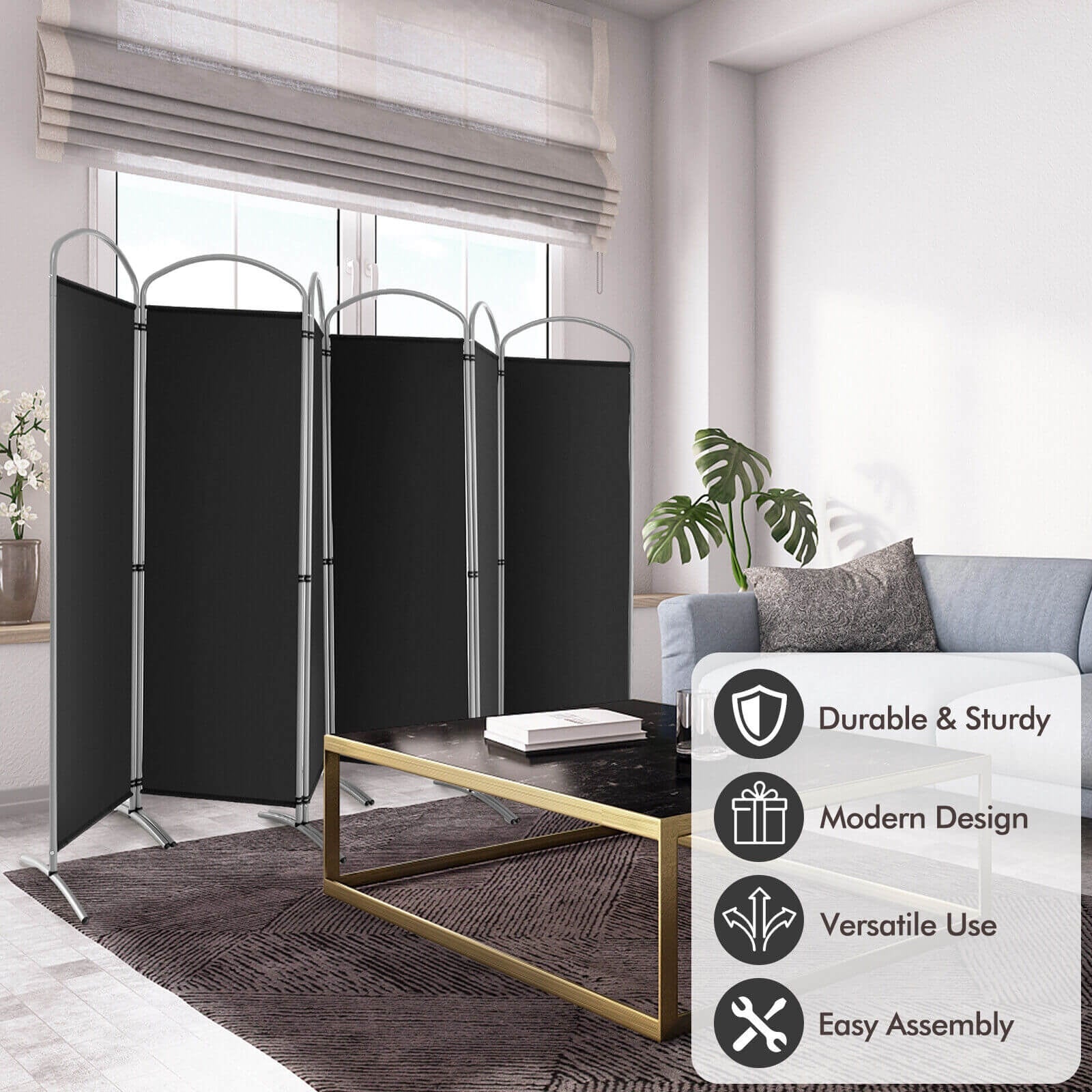 6-Panels Freestanding Folding Privacy Screen, Black Room Dividers at Gallery Canada