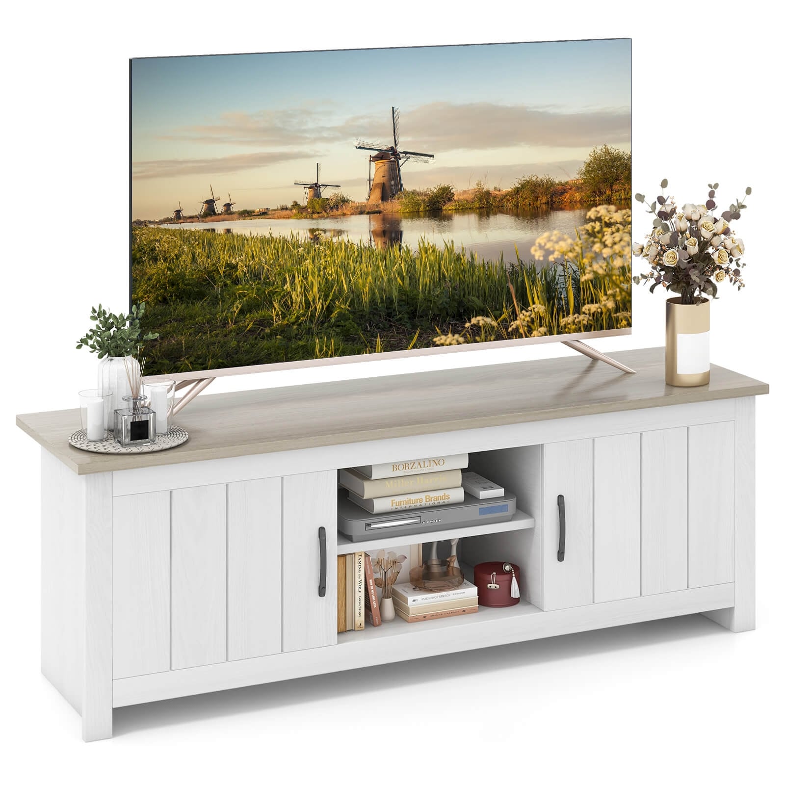 TV Stand With 2 Cabinets, Open Shelves, For 65 Inch TVs, Natural Entertainment Centers & TV Stands Natural at Gallery Canada