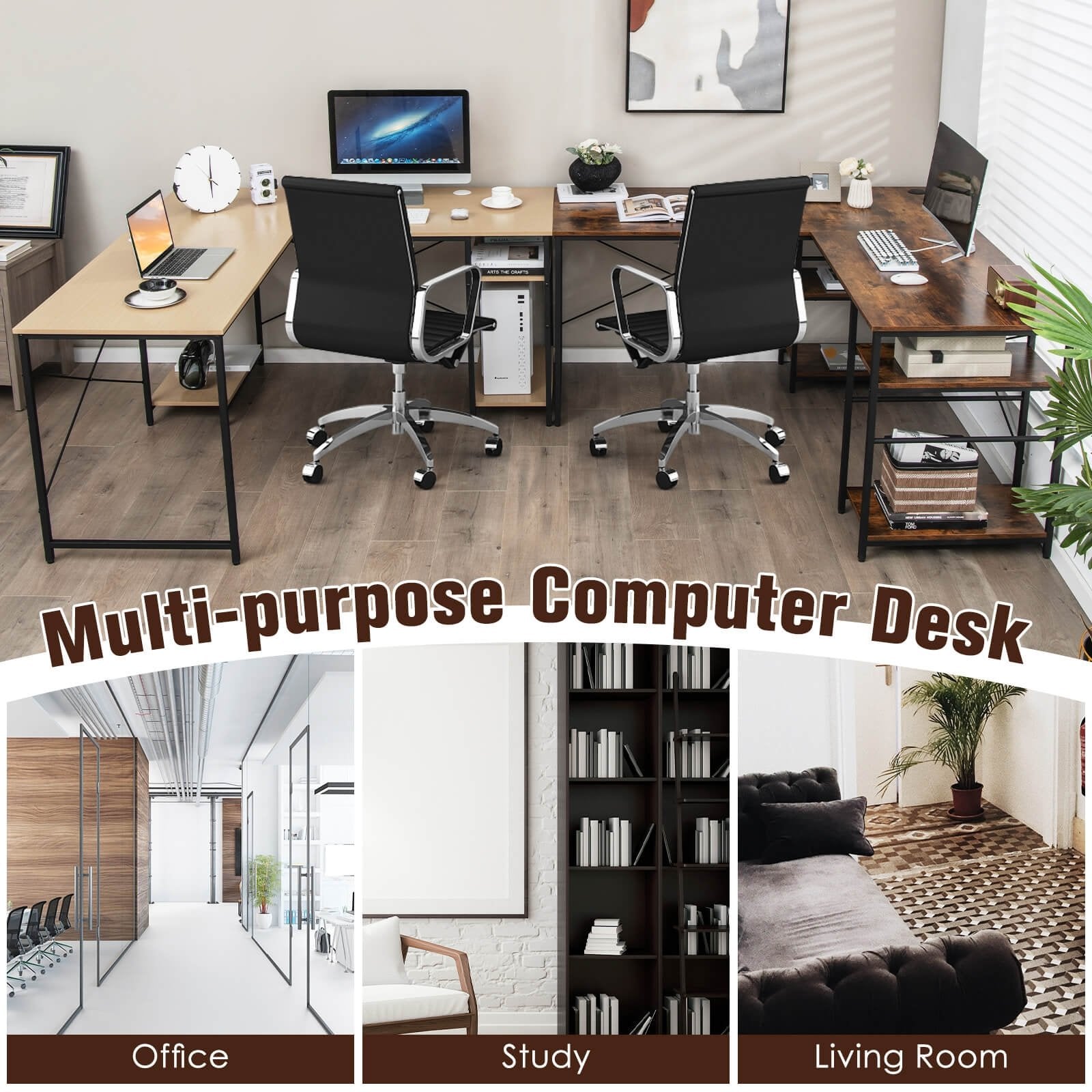 L Shaped Computer Desk with 4 Storage Shelves and Cable Holes, Rustic Brown - Gallery Canada
