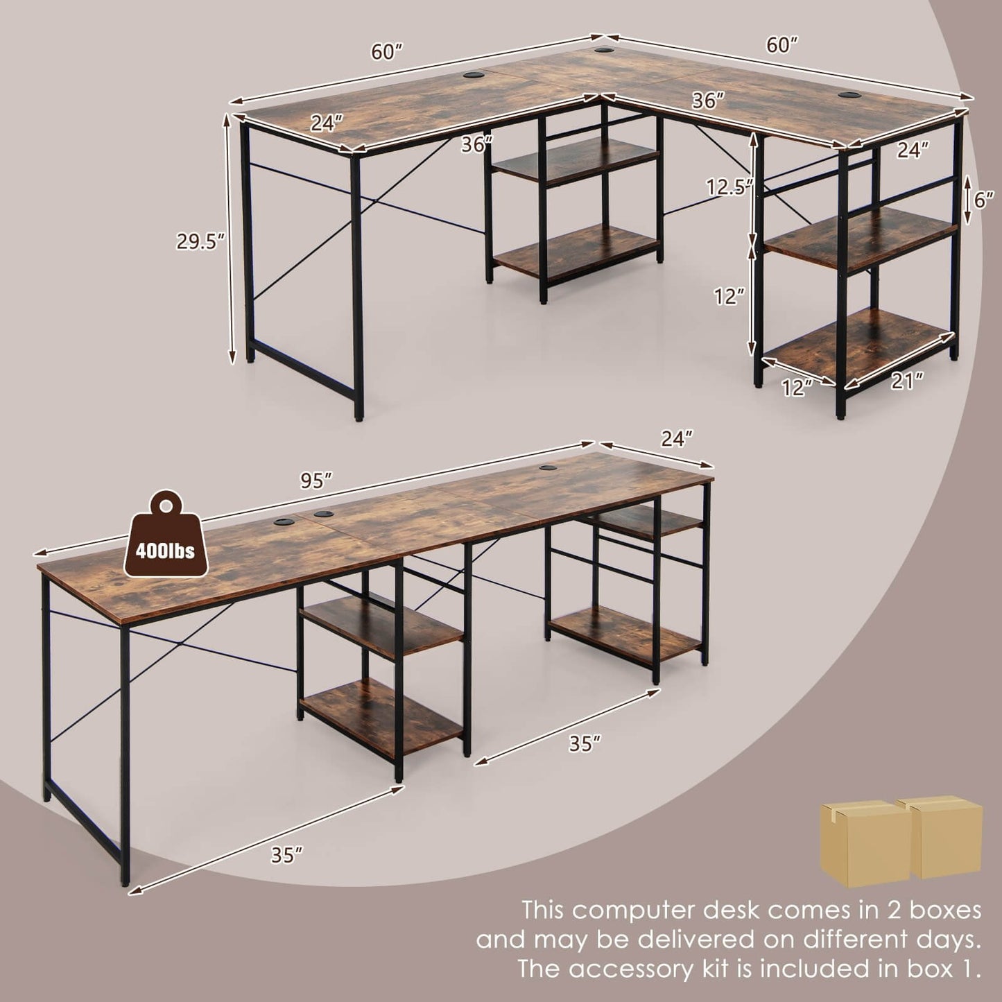 L Shaped Computer Desk with 4 Storage Shelves and Cable Holes, Rustic Brown - Gallery Canada