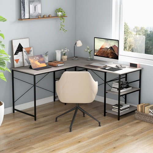 L Shaped Computer Desk with 4 Storage Shelves and Cable Holes, Gray