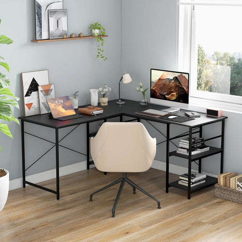 L Shaped Computer Desk with 4 Storage Shelves and Cable Holes, Black