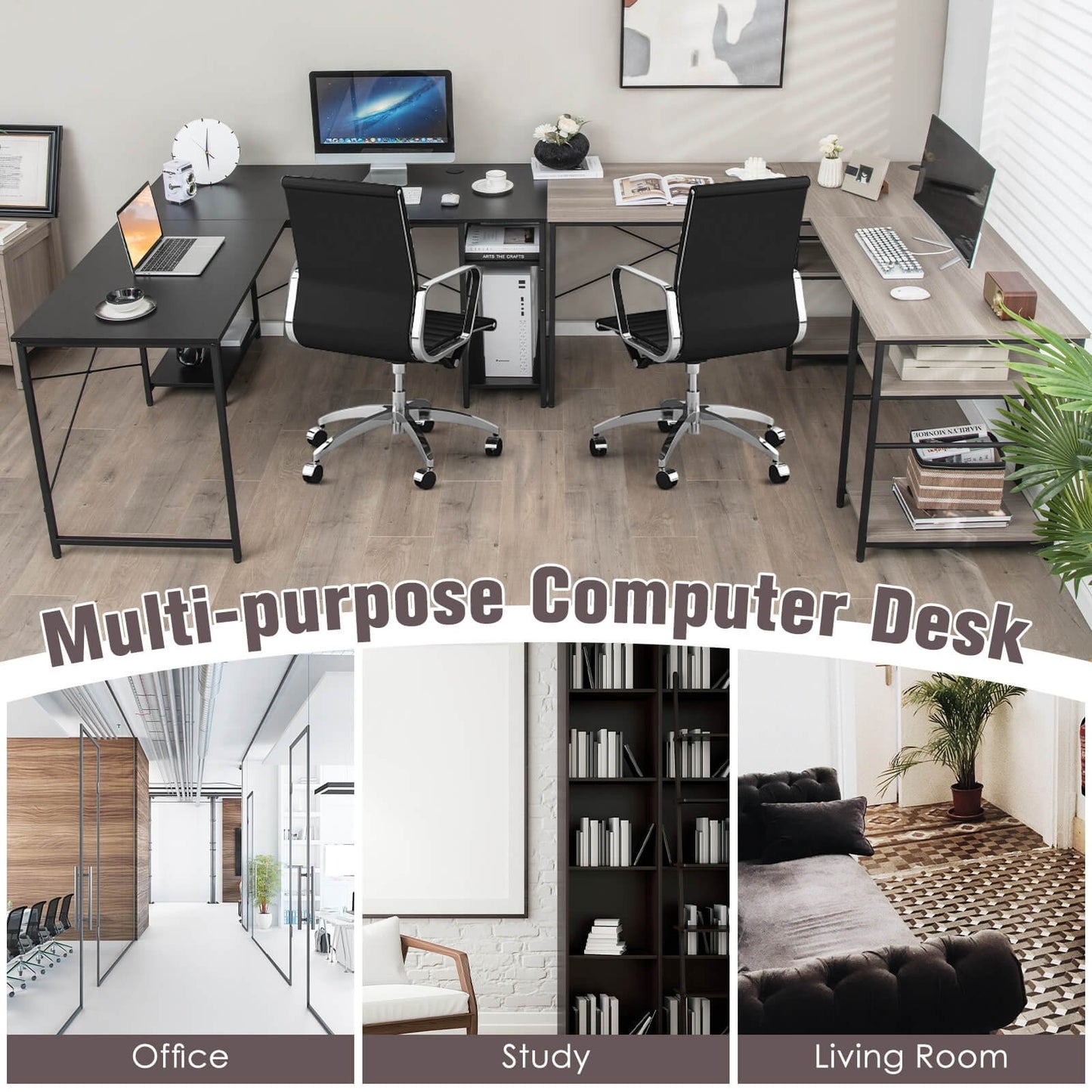 L Shaped Computer Desk with 4 Storage Shelves and Cable Holes, Gray - Gallery Canada
