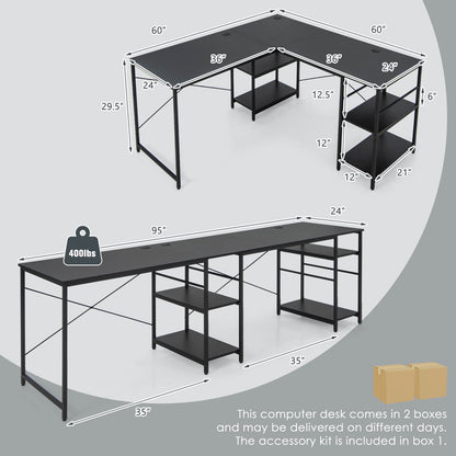 L Shaped Computer Desk with 4 Storage Shelves and Cable Holes, Black - Gallery Canada