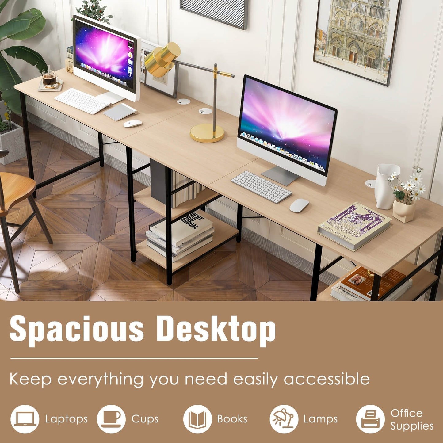 L Shaped Computer Desk with 4 Storage Shelves and Cable Holes, Natural - Gallery Canada