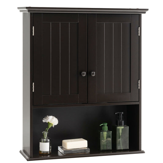 2-Door Wall Mount Bathroom Storage Cabinet with Open Shelf, Espresso Wall Cabinets Espresso at Gallery Canada