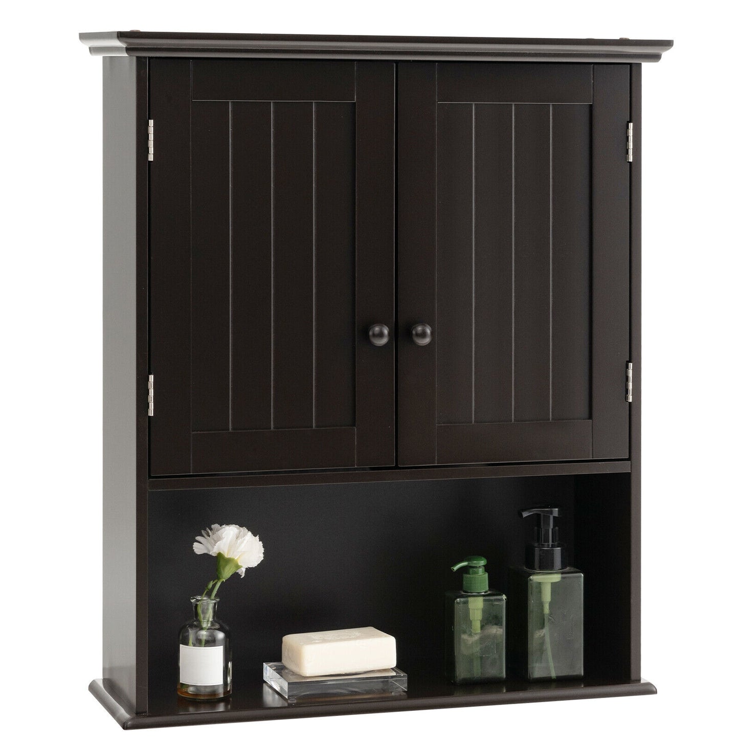 2-Door Wall Mount Bathroom Storage Cabinet with Open Shelf, Espresso Wall Cabinets at Gallery Canada