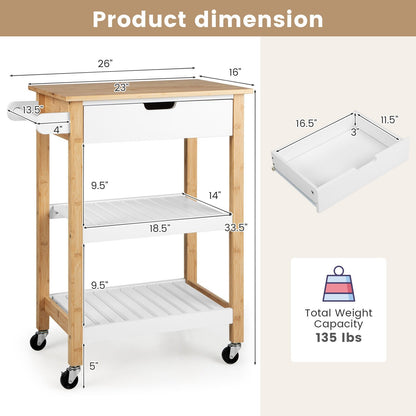 3-Tier Kitchen Island Cart Rolling Service Trolley with Bamboo Top, Natural - Gallery Canada