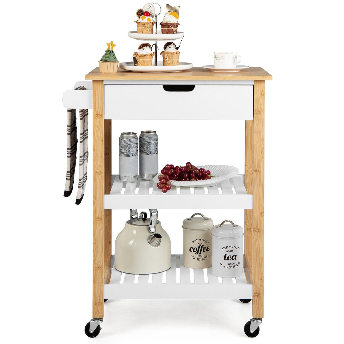 3-Tier Kitchen Island Cart Rolling Service Trolley with Bamboo Top, Natural - Gallery Canada