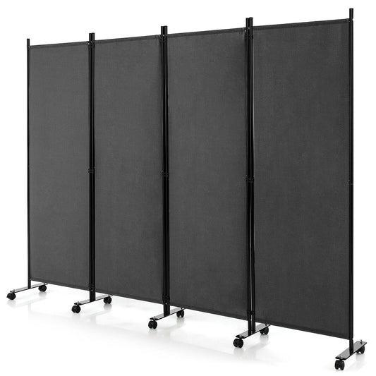 4-Panel Folding Room Divider, 6 Feet, Lockable Wheels, Gray