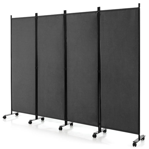 4-Panel Folding Room Divider, 6 Feet, Lockable Wheels, Gray
