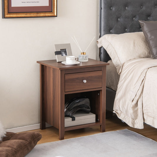 Wooden Nightstand with Slide-out Drawer and Open Shelf, Walnut - Gallery Canada
