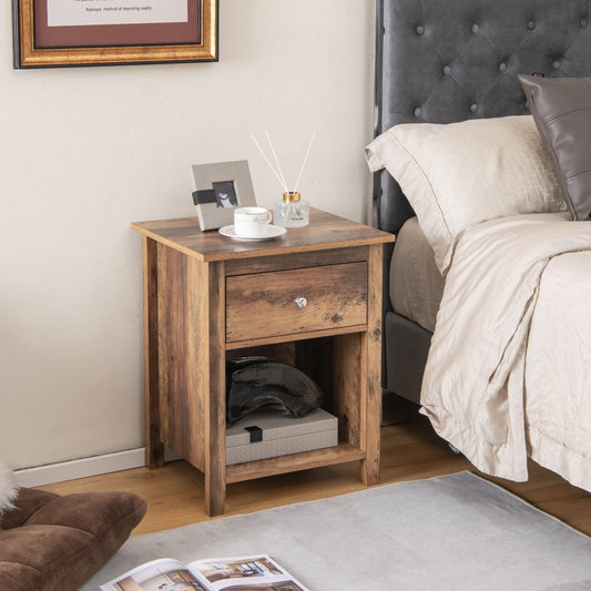 Wooden Nightstand with Slide-out Drawer and Open Shelf, Rustic Brown - Gallery Canada