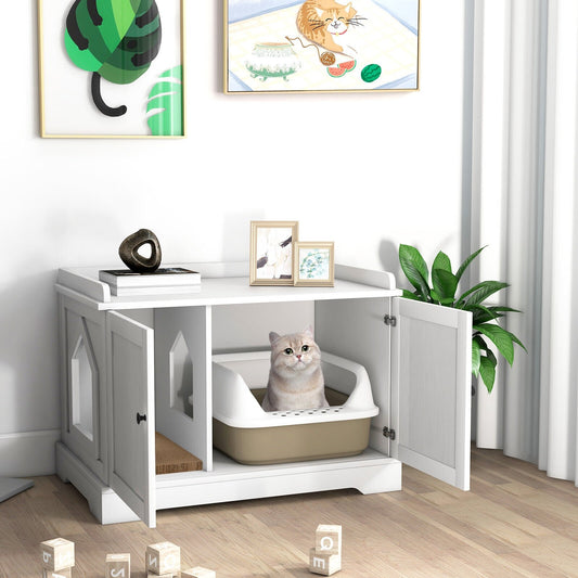 Wooden Cat House with Scratching Pad and Adjustable Divider, White - Gallery Canada