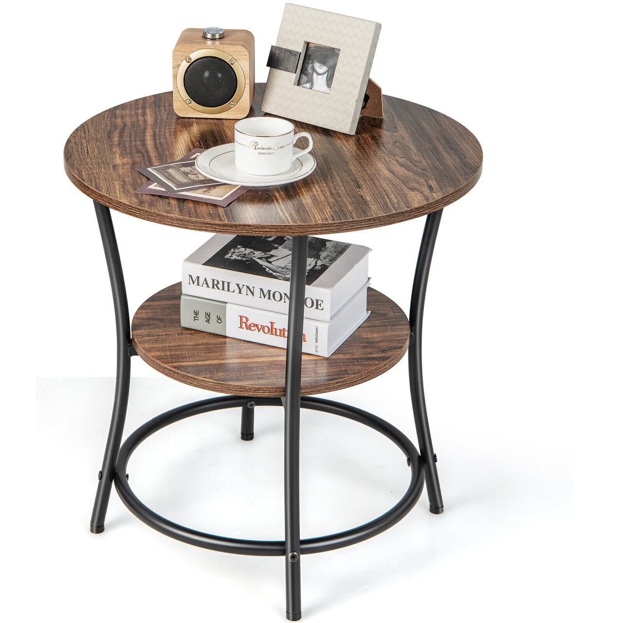 2-Tier Round End Table with Open Storage Shelf and Sturdy Metal Frame - Gallery View 1 of 9