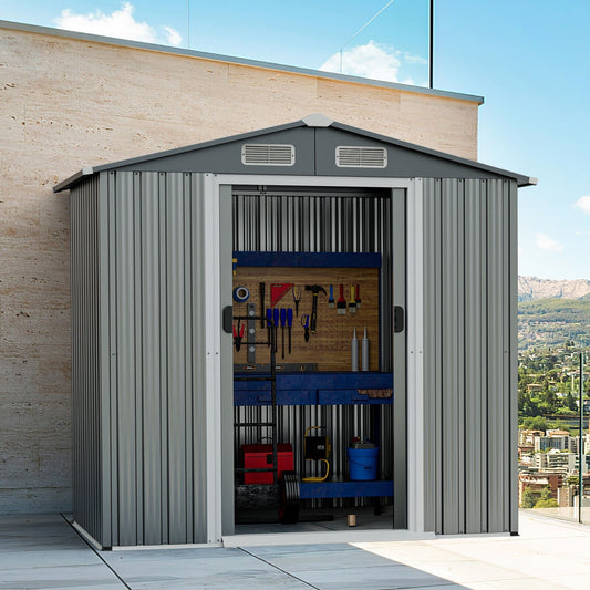 6 x 4 Feet Galvanized Steel Storage Shed with Lockable Sliding Doors, Gray - Gallery Canada