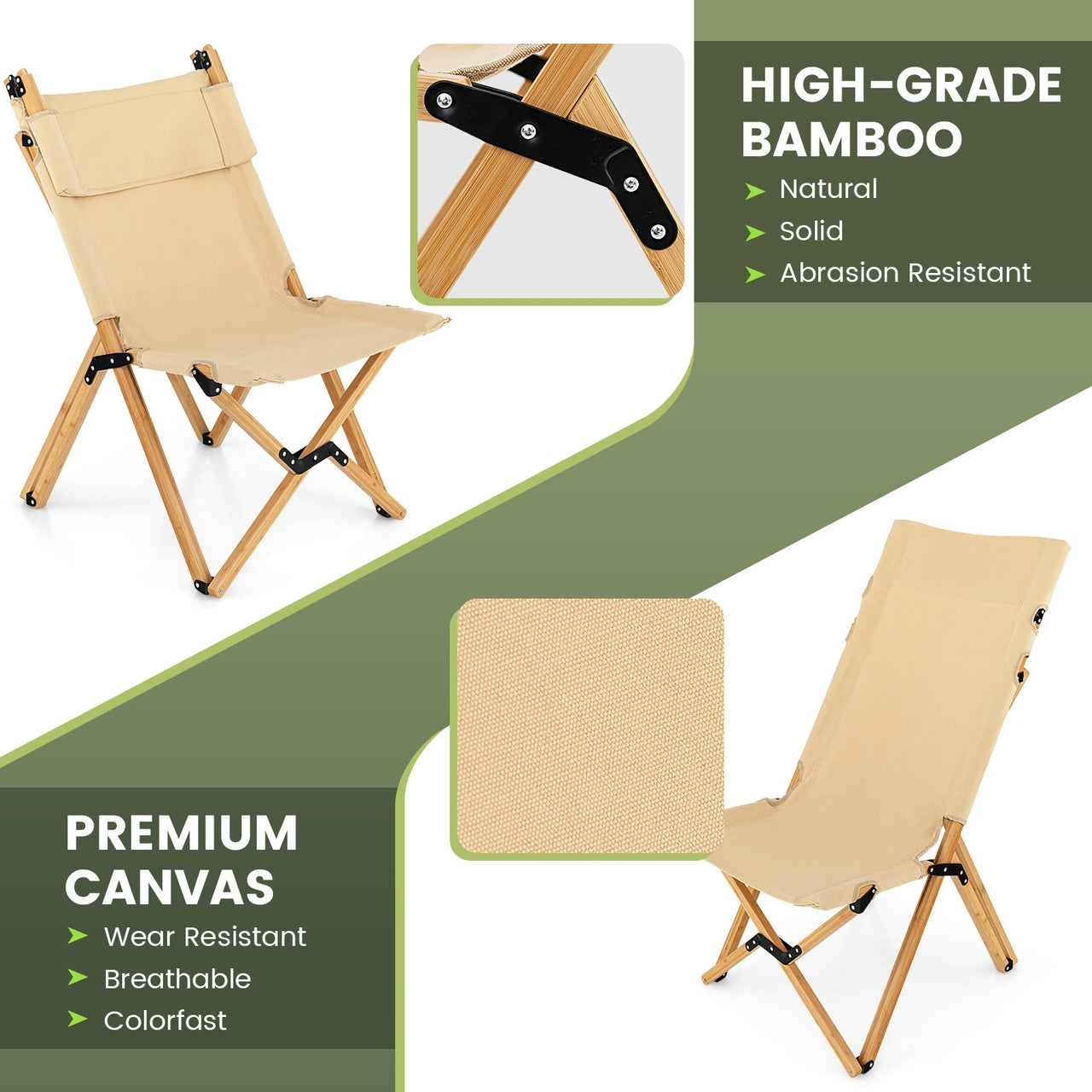 Bamboo Folding Camping Chair with 2-Level Adjustable Backrest - Gallery View 7 of 9