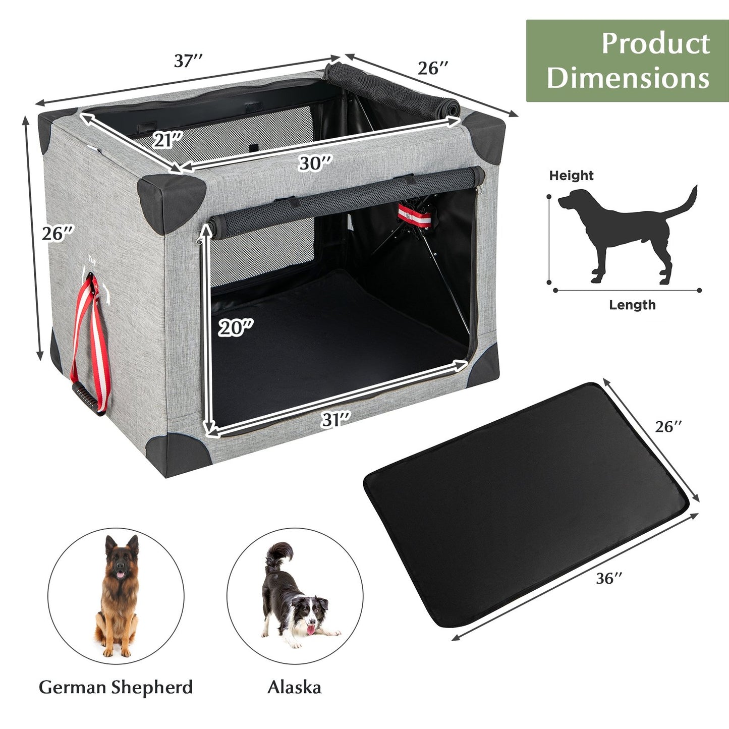 M/L/XL 3-Door Dog Crate with Removable Pad and Metal Frame-XL, Gray