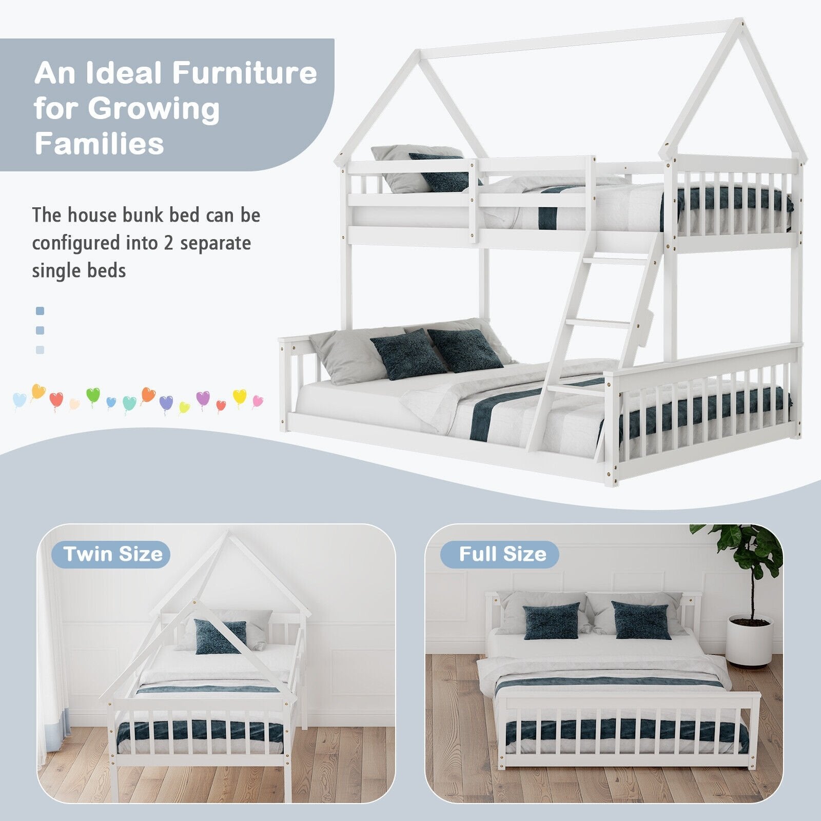 Twin Over Full House Bunk Bed with Ladder and Guardrails, White - Gallery Canada