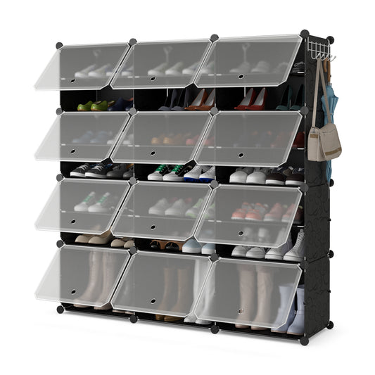 12-Cube 48 Pairs Portable Shoe Shelves With Hook, Black
