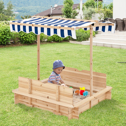 Kids Wooden Sandbox with Canopy and Bench Seats, Blue