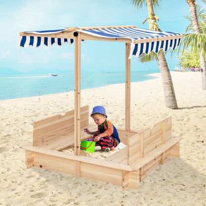 Kids Wooden Sandbox with Canopy and Bench Seats, Blue