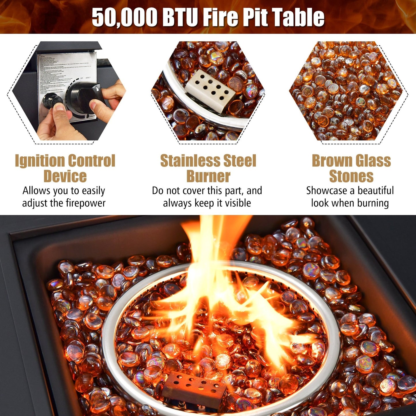 50 000 BTU 32 Inch Square Propane Gas Fire Pit Table, Black - Gallery Canada