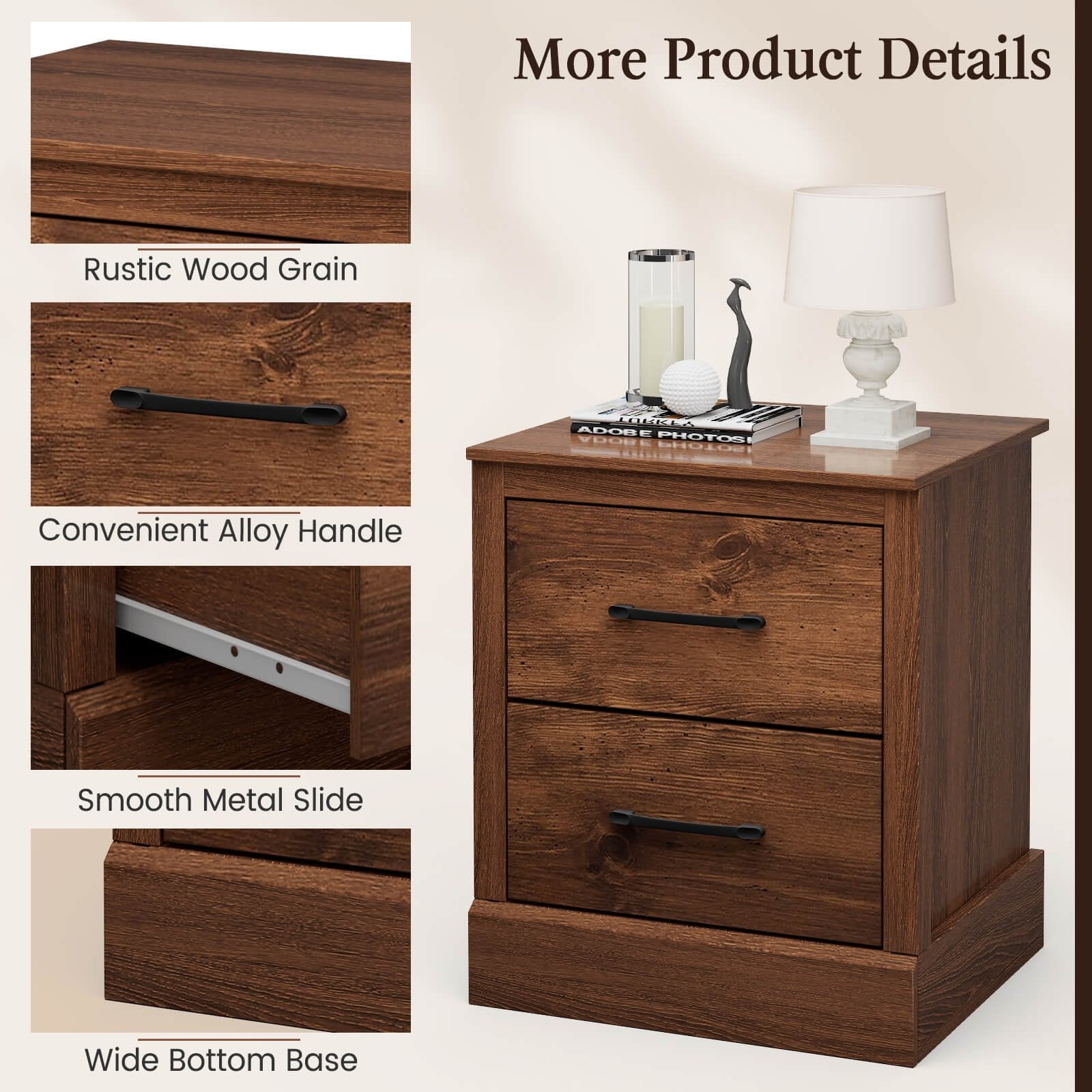 Wood Compact Floor Nightstand with Storage Drawers, Rustic Brown - Gallery Canada