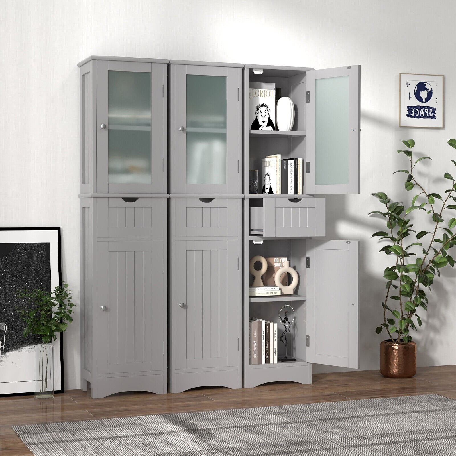 Tall Floor Storage Cabinet with 2 Doors and 1 Drawer for Bathroom, Gray - Gallery Canada