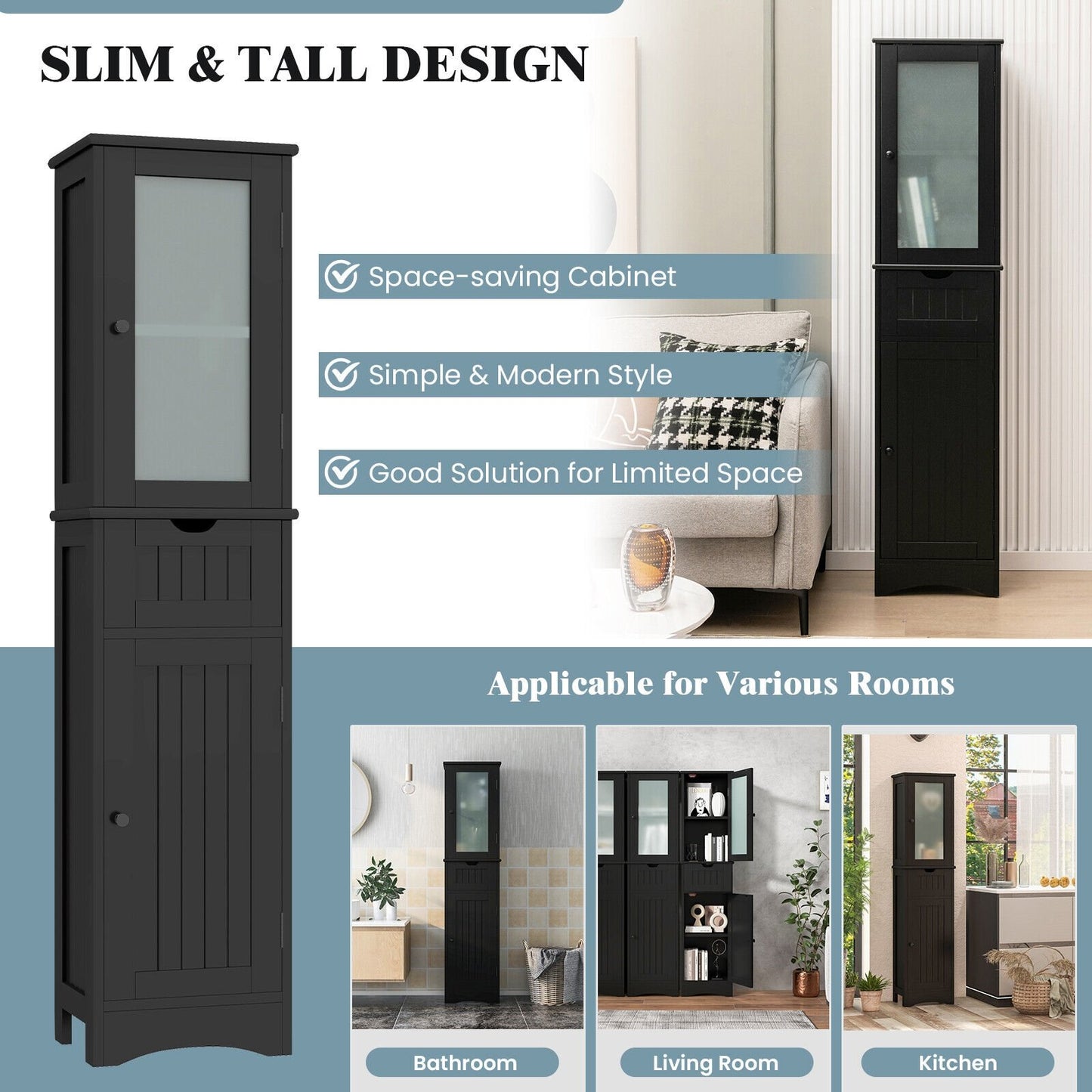 Tall Floor Storage Cabinet with 2 Doors and 1 Drawer for Bathroom, Black - Gallery Canada