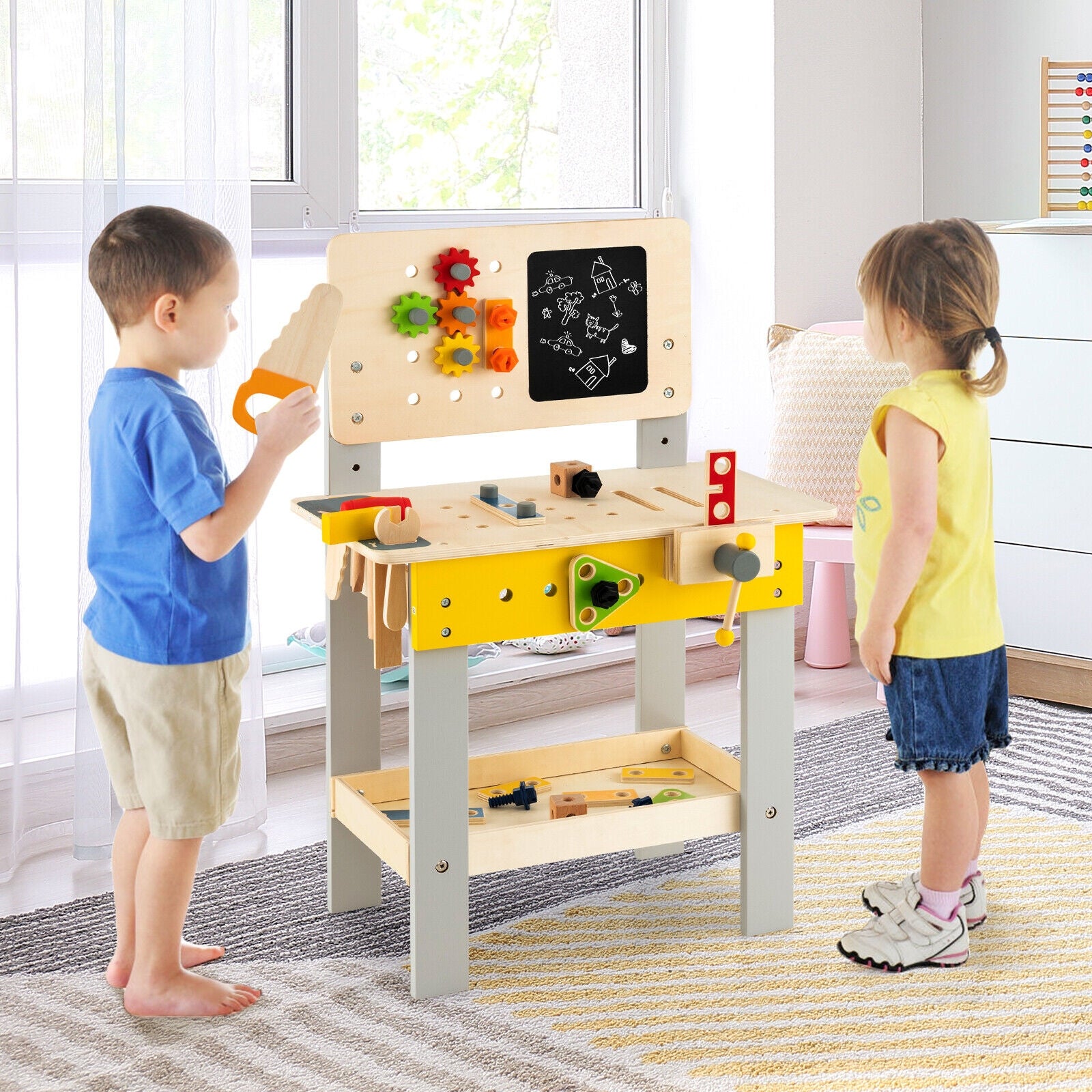 Wooden Pretend Play Workbench Set with Blackboard for Toddlers Ages 3+, Multicolor Pretend Toys at Gallery Canada