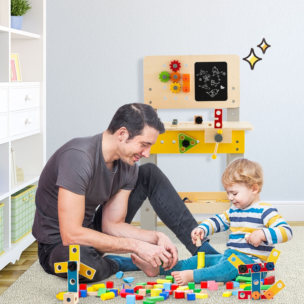 Wooden Pretend Play Workbench Set with Blackboard for Toddlers Ages 3+, Multicolor Pretend Toys at Gallery Canada
