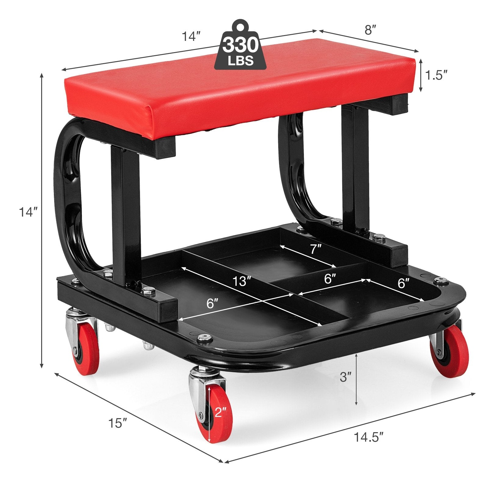 Rolling Creeper with Classified Tool Tray and Cushioned Seat, Black & Red - Gallery Canada
