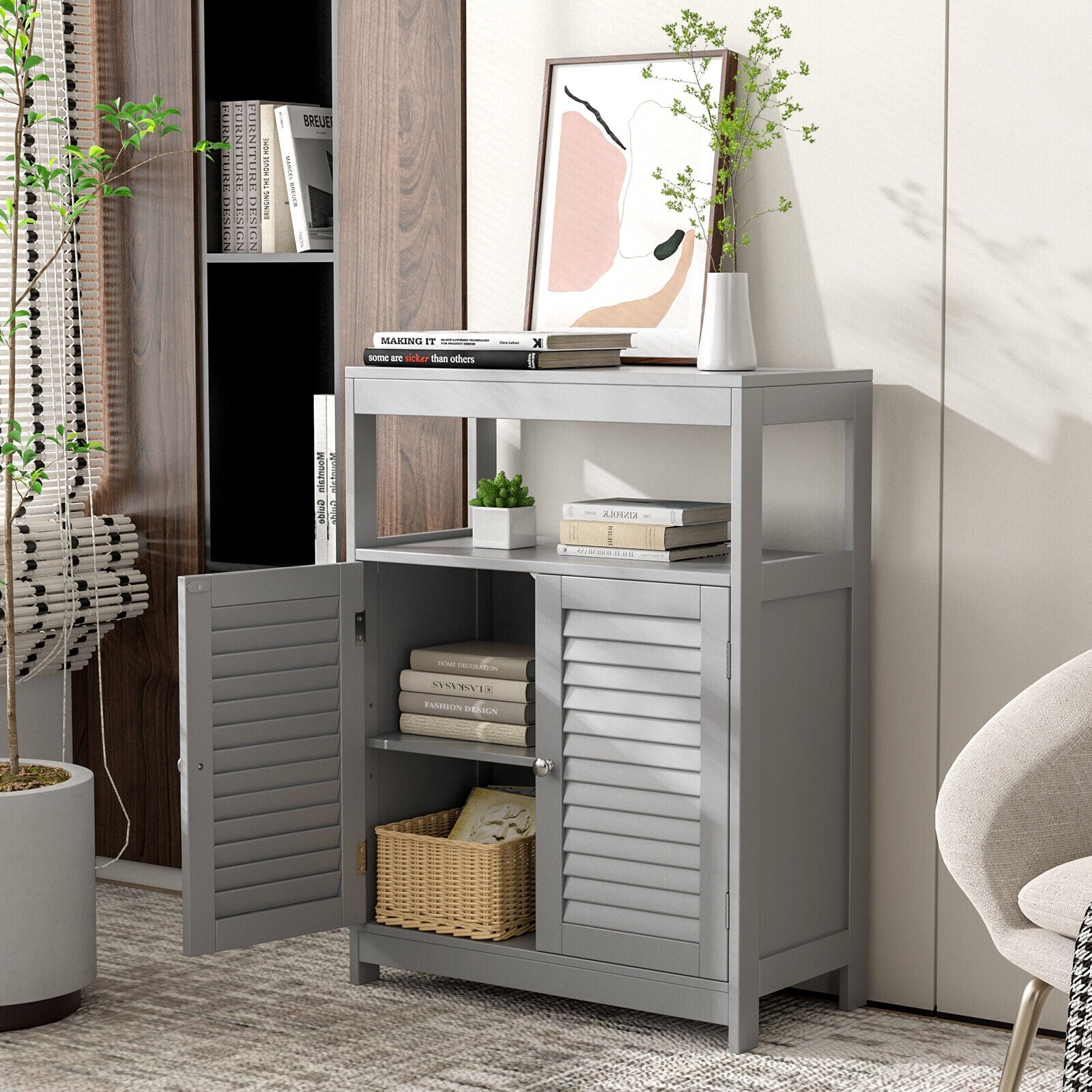 Freestanding Bathroom Floor Cabinet, Double Shutter Doors, Gray Floor Cabinets at Gallery Canada