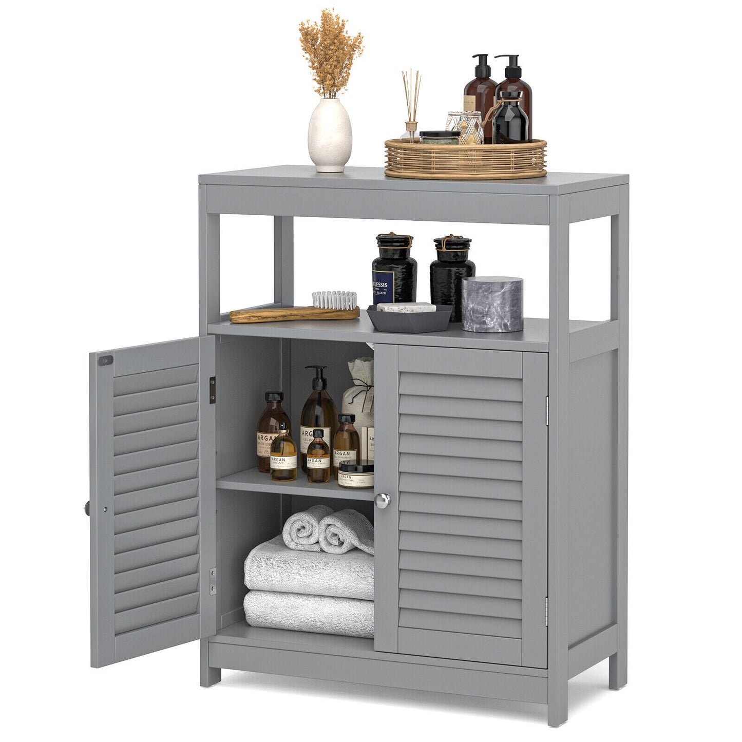 Freestanding Bathroom Floor Cabinet, Double Shutter Doors, Gray Floor Cabinets at Gallery Canada