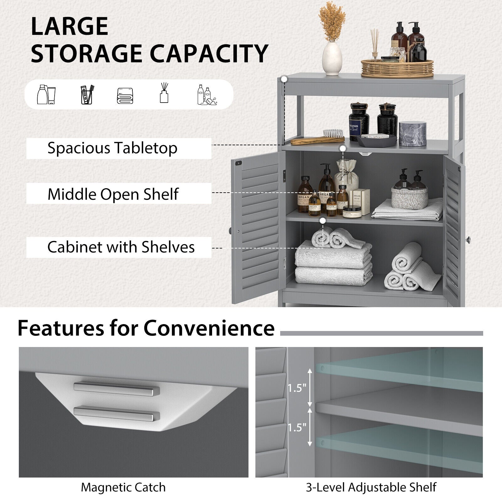 Freestanding Bathroom Floor Cabinet, Double Shutter Doors, Gray Floor Cabinets at Gallery Canada