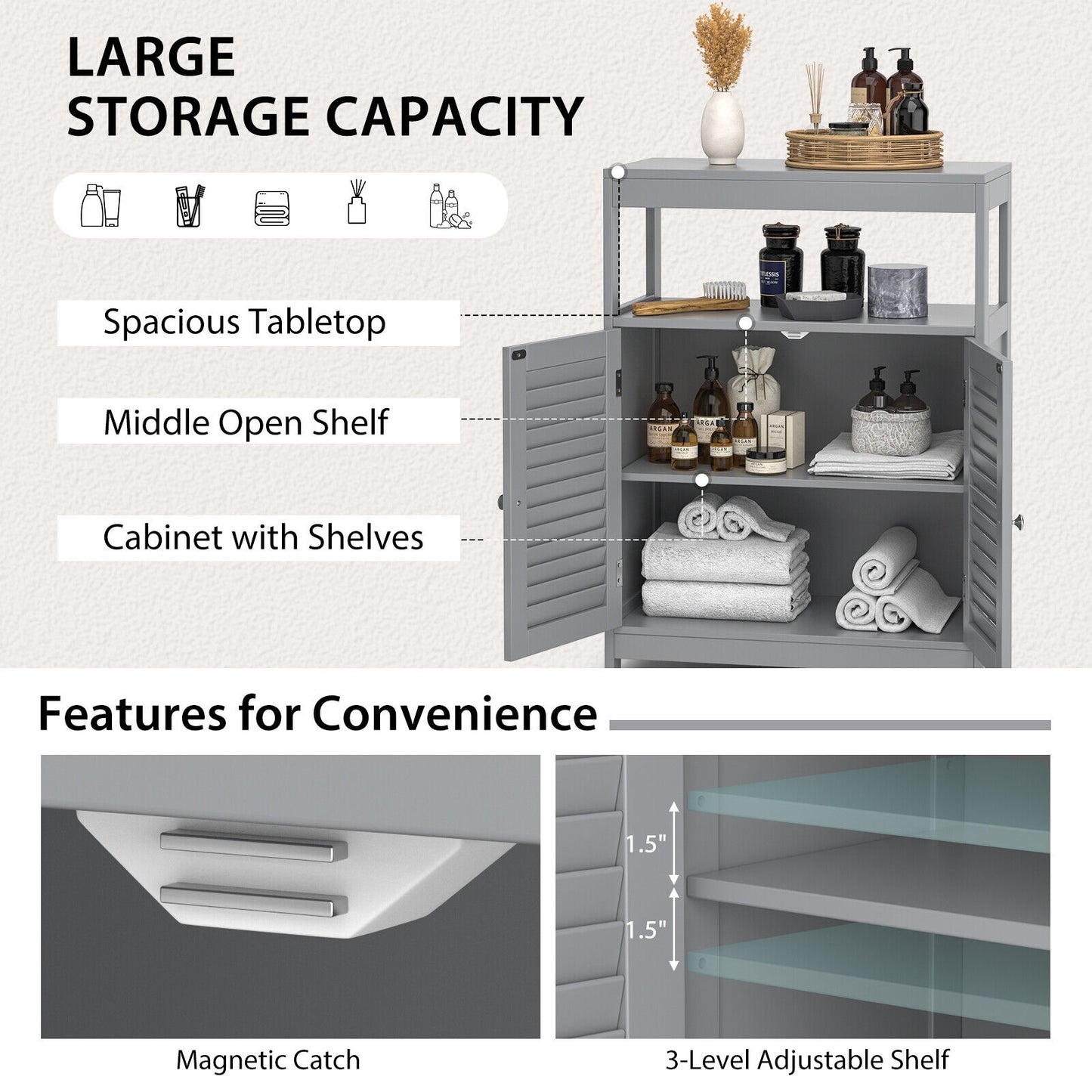 Freestanding Bathroom Floor Cabinet, Double Shutter Doors, Gray Floor Cabinets at Gallery Canada