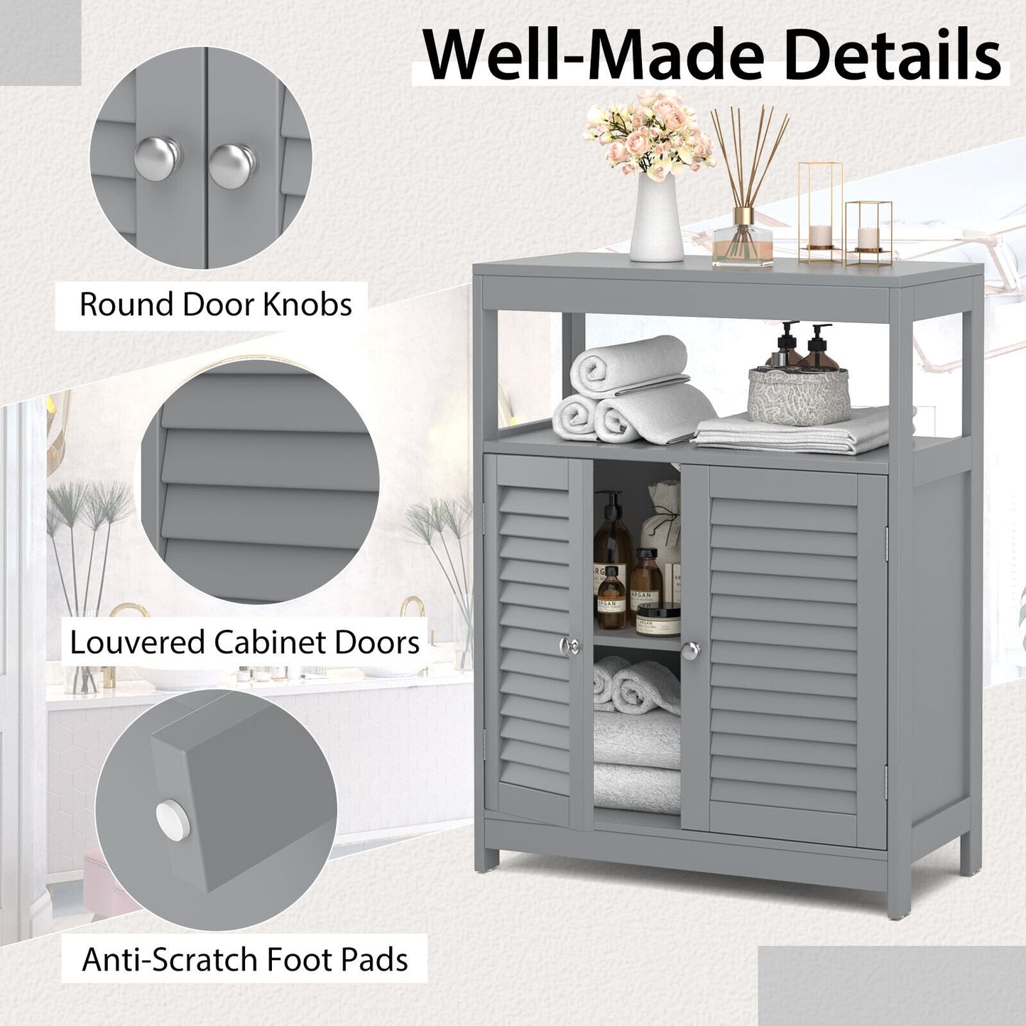 Freestanding Bathroom Floor Cabinet, Double Shutter Doors, Gray Floor Cabinets at Gallery Canada
