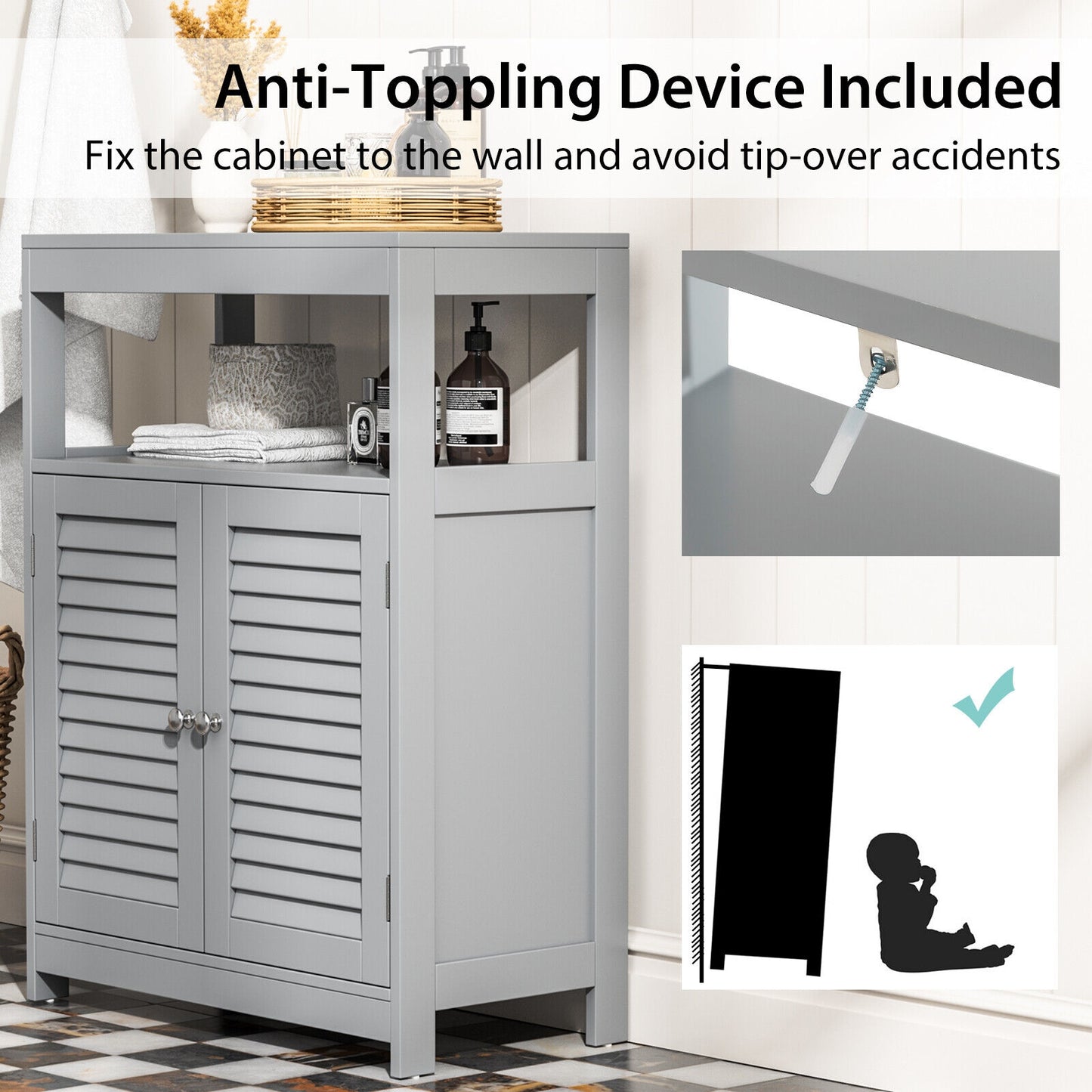 Freestanding Bathroom Floor Cabinet, Double Shutter Doors, Gray Floor Cabinets at Gallery Canada