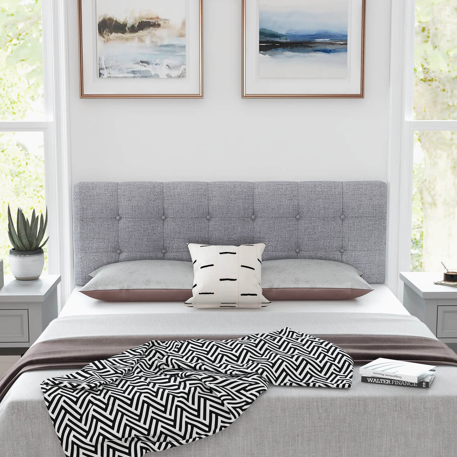 Linen Upholstered Headboard with Solid Rubber Wood Legs, Gray Headboards at Gallery Canada
