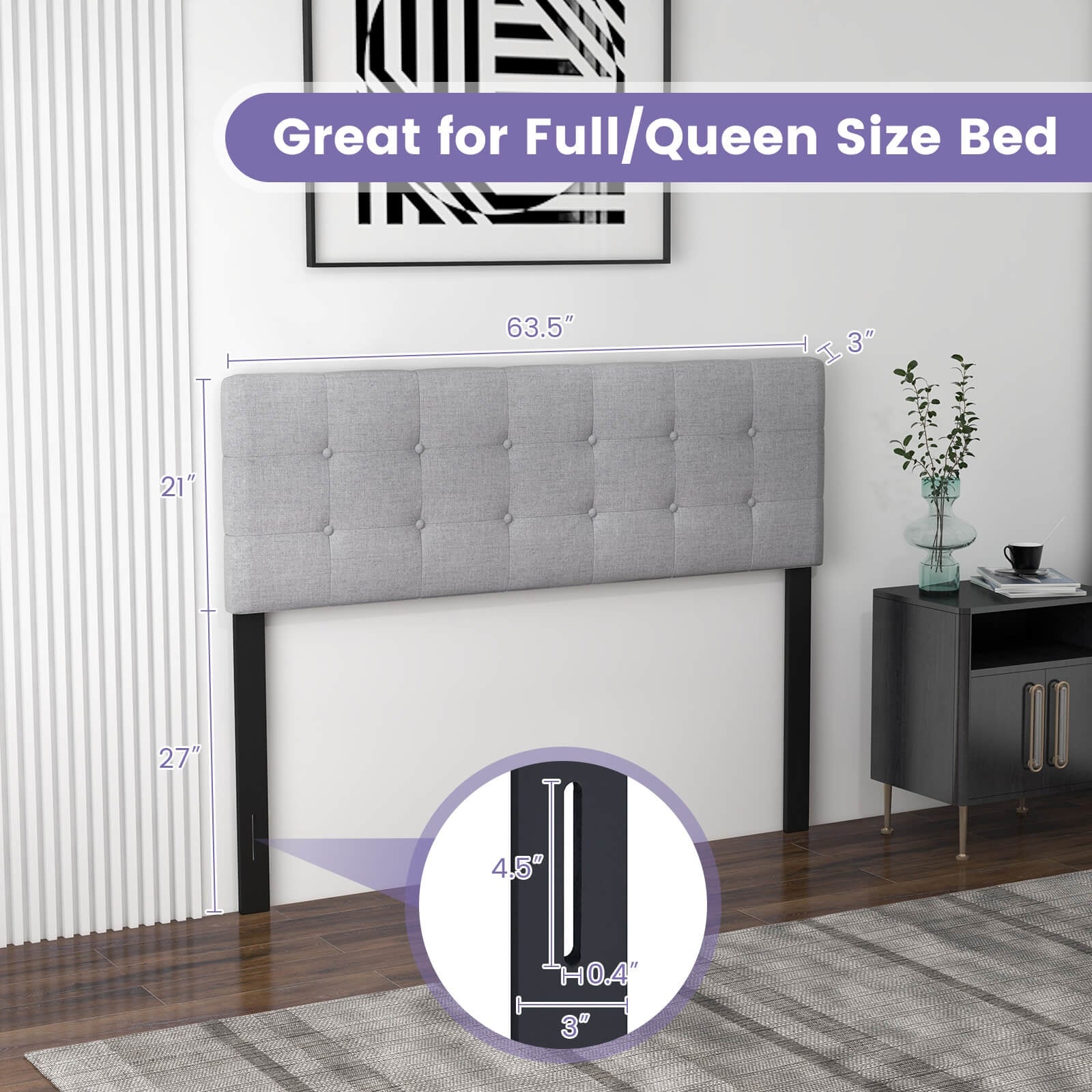 Linen Upholstered Headboard with Solid Rubber Wood Legs, Gray Headboards at Gallery Canada