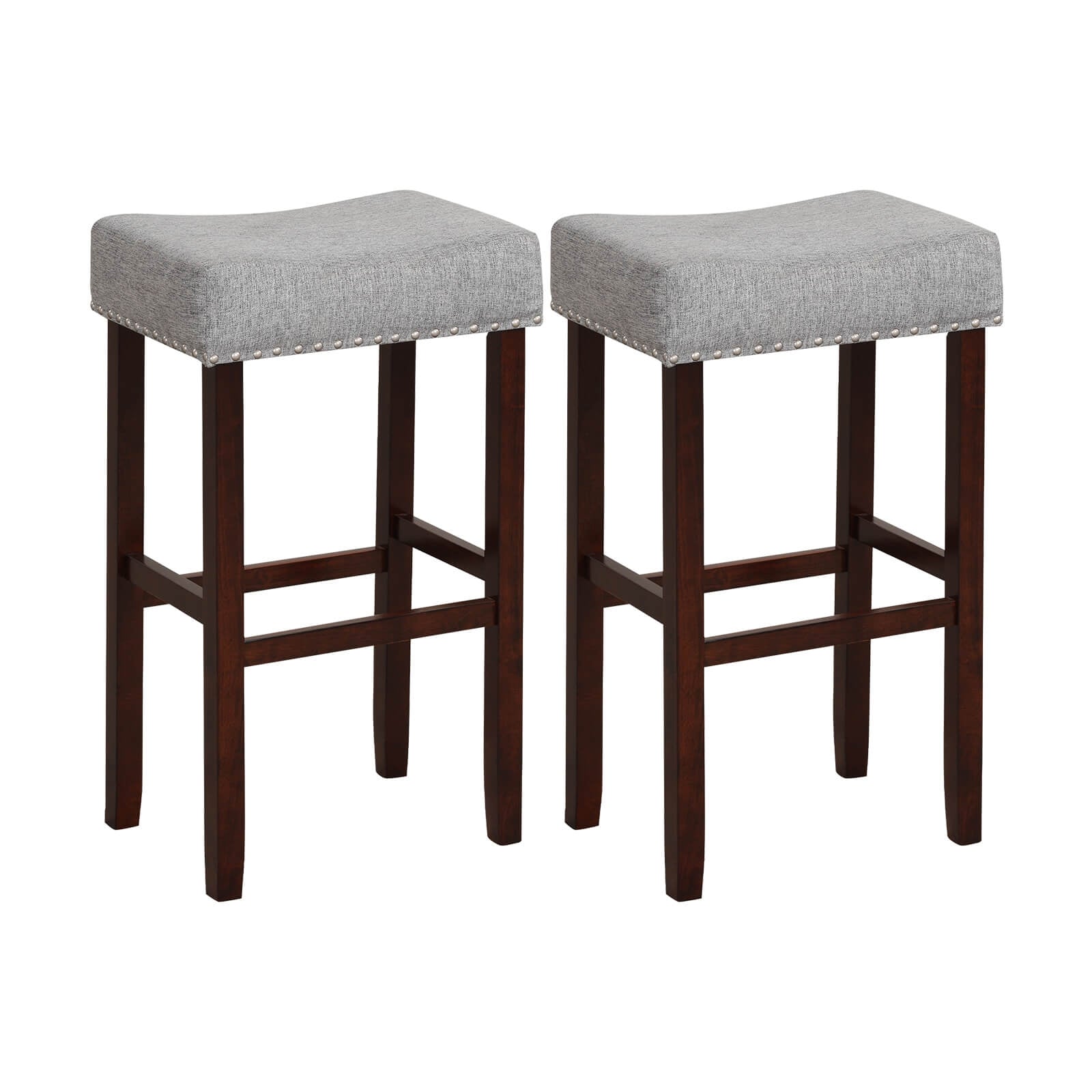 29 Inch Upholstered Bar Stool Set, Solid Rubber Wood Legs, Gray Bar Stools Gray at Gallery Canada