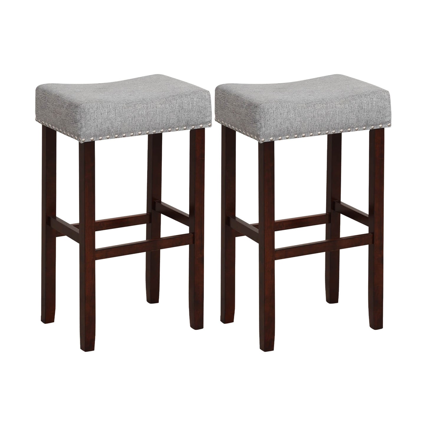 29 Inch Upholstered Bar Stool Set, Solid Rubber Wood Legs, Gray Bar Stools Gray at Gallery Canada